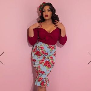 Vixen by Micheline Pitt Blue Roses Flutter Skirt | Vintage Inspired Wiggle Repro